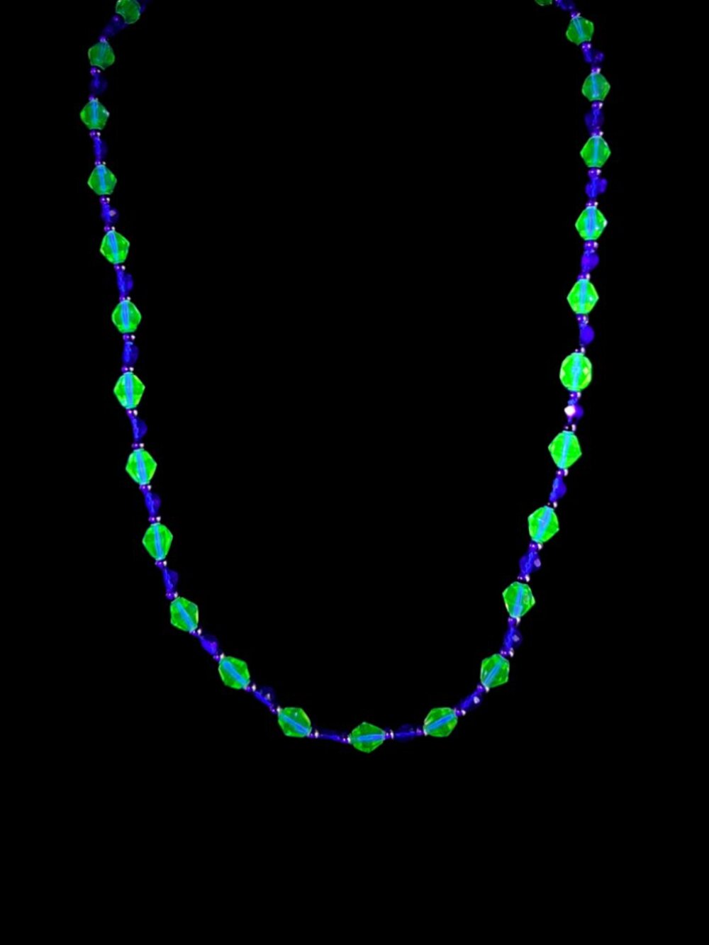 Handmade Uranium Glass Beaded Necklace with Silver-Plated Beads 17.5"